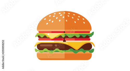 Double decker cheeseburger with lettuce tomato and sesame seed bun isolated on white background for food menu concept.