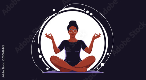 Calm woman with glasses meditating in a lotus position against a glowing circular background for stress relief and mindfulness.