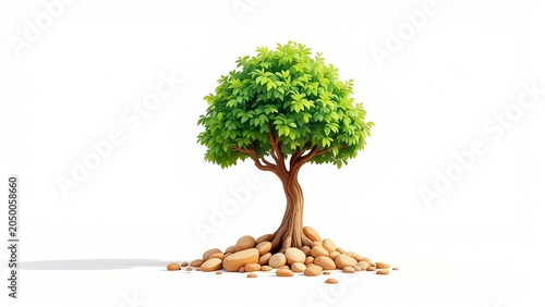 Minimalist digital art of a green leafy tree growing from a pile of smooth brown stones on white background