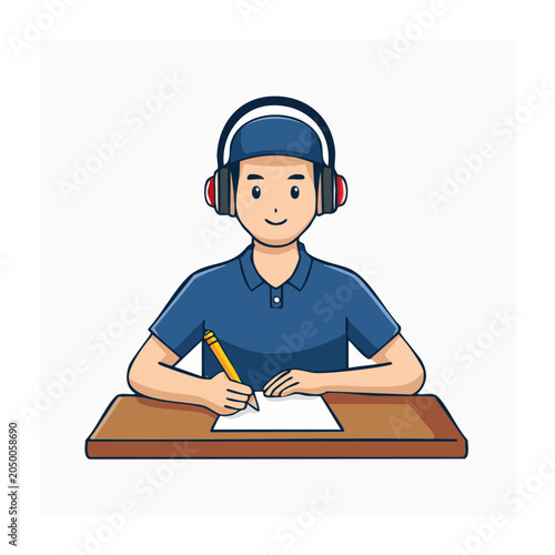 Student wearing headphones writing at a desk