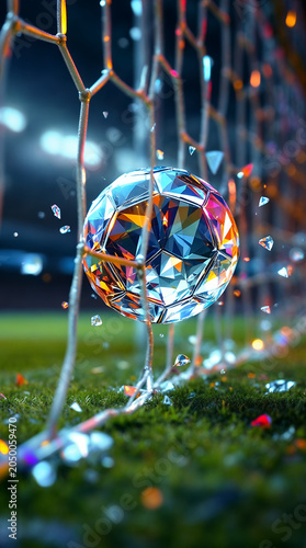  Football and World Cup Concept soccer ball hitting goal net in stadium lights
