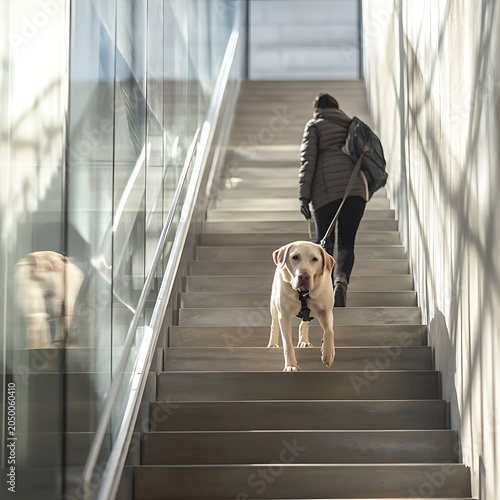 Mobility support dog assisting owner in corporate interior high resolution picture