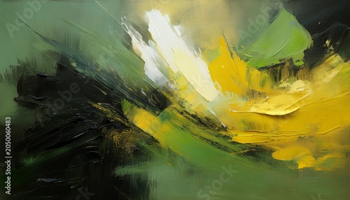 abstract green black white yellow paint strokes oil painting on canvas grungy background