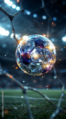  Football and World Cup Concept soccer ball hitting goal net in stadium lights