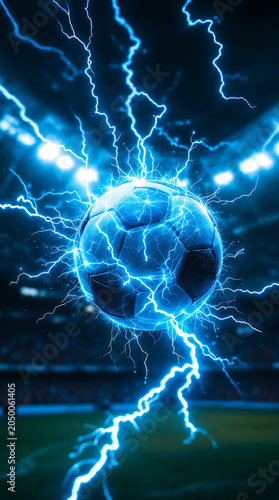  Football and World Cup Concept soccer ball hitting goal net in stadium lights