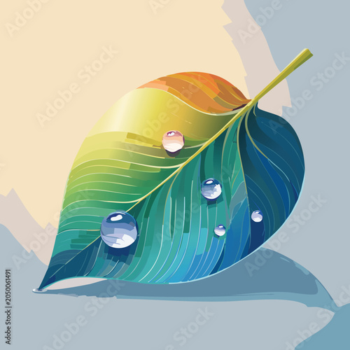 Tropical leaf with raindrops and curling water stream forming a flowing splash wave