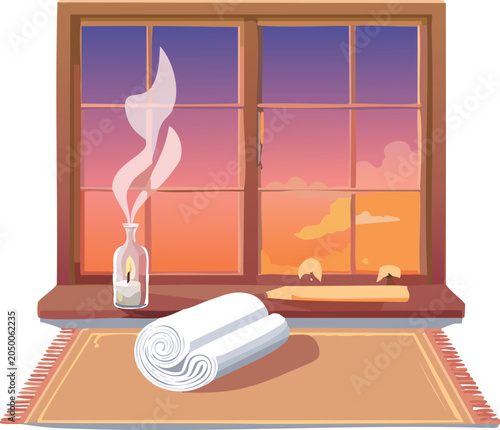 Rustic window with curtain flame, candle on floor and rolled rug in warm sunset interior