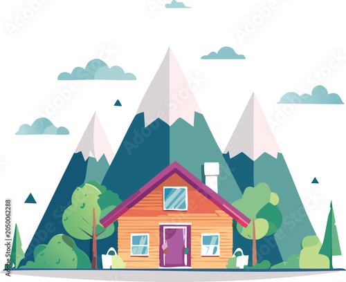 Mountain landscape house with colorful hills, pine trees, and blue sky clouds