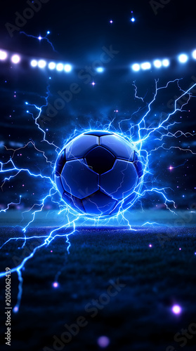  Football and World Cup Concept soccer ball hitting goal net in stadium lights