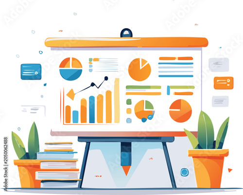 Business dashboard monitor with pie charts, bar graphs, documents and app icons around a desk