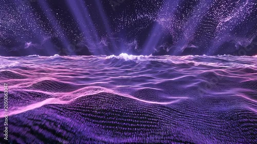 Abstract Digital Landscape with Purple Waves and Light Beams.