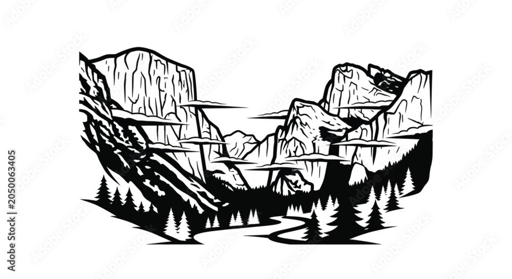 Obraz premium Mountain landscape with trees and cliffs.
