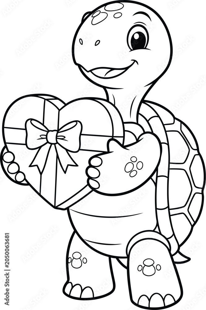 Fototapeta premium Cute Cartoon Turtle Holding Heart Gift Box, Smiling Baby Tortoise Character Line Art Illustration for Kids Coloring Book, Valentine, Love, Birthday and Friendship Concept 