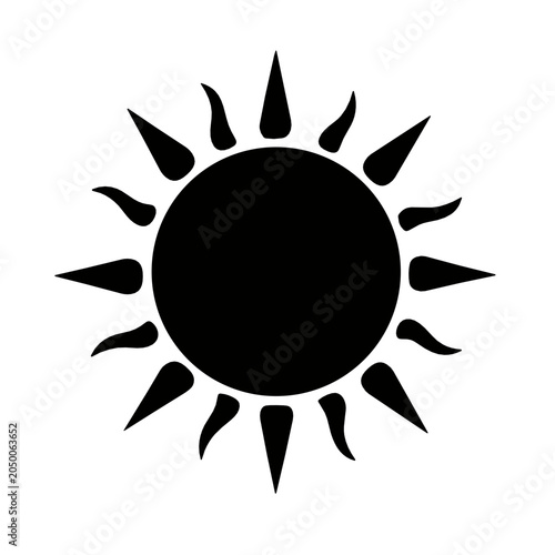Bold black sun silhouette with sharp pointed rays radiating from a solid circle. Minimalist solar symbol for summer, energy and nature design concepts.