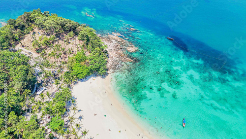 Aerial view beautiful Freedom Beach in Phuket Thailand, Landscape of patong city phuket in sunny summer day time, Beautiful tropical sea,High angle view Sea beach Sunset in the evening