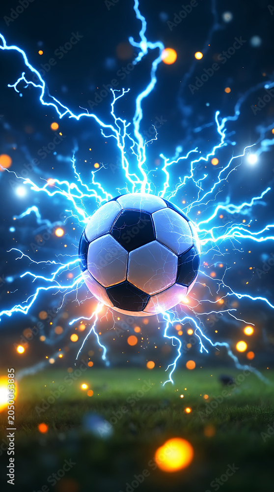 Fototapeta premium Football and World Cup Concept soccer ball hitting goal net in stadium lights