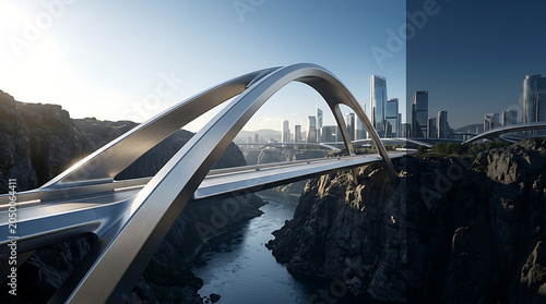 Modern silver bridge with arched design spanning across a river gorge near city skyline