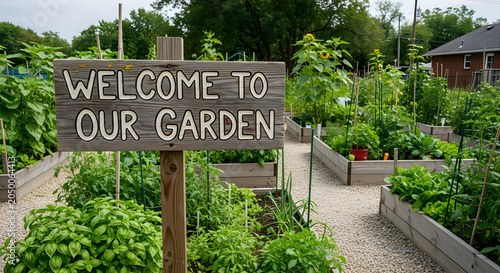 Community garden with raised wooden beds full of green vegetables and a rustic wooden welcome sign