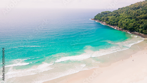 Aerial view beautiful Karon noi Beach in Phuket Thailand, Landscape of patong city phuket in sunny summer day time, Beautiful tropical sea,High angle view Sea beach Sunset in the evening