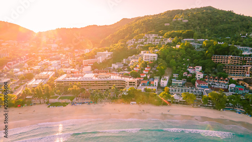 Drone aerial view of Phuket, Karon Beach, Thailand. Beautiful beach for relaxing, beautiful sky, clear water.