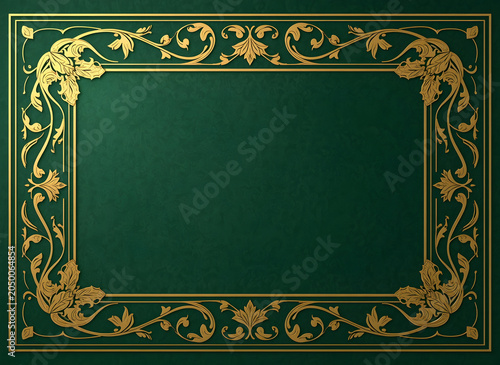 Luxury gold ornamental frame border on textured dark green background