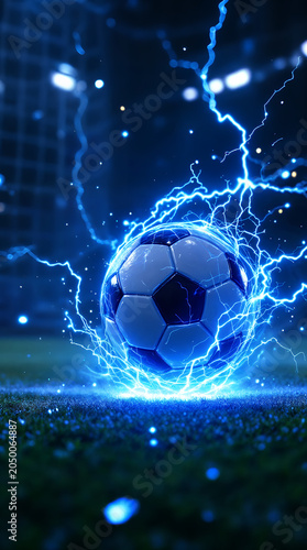  Football and World Cup Concept soccer ball hitting goal net in stadium lights