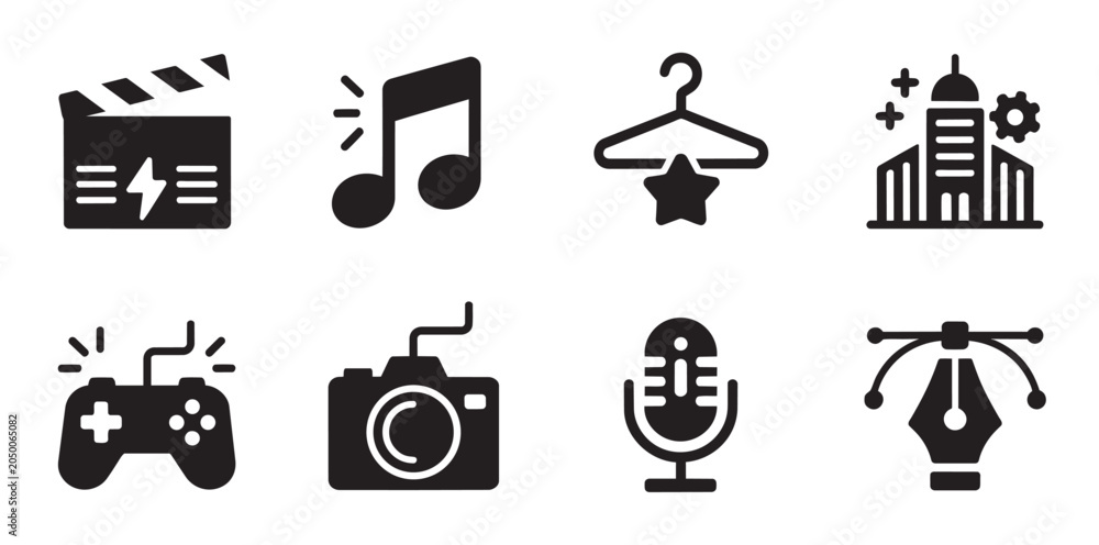 Fototapeta premium Entertainment and creative media icon set with video, music, fashion, city, gaming, photography, podcast and event symbols
