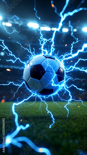  Football and World Cup Concept soccer ball hitting goal net in stadium lights