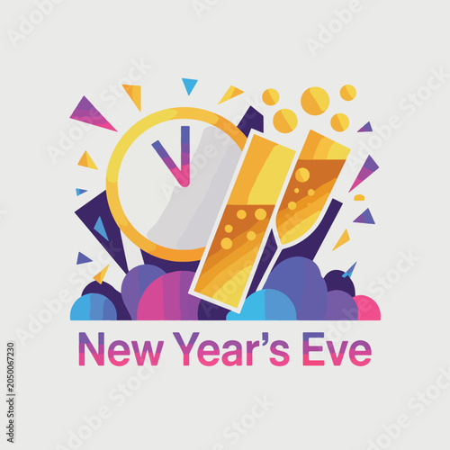 Photography New Year's Eve with a golden clock, two champagne flutes, and colorful confetti