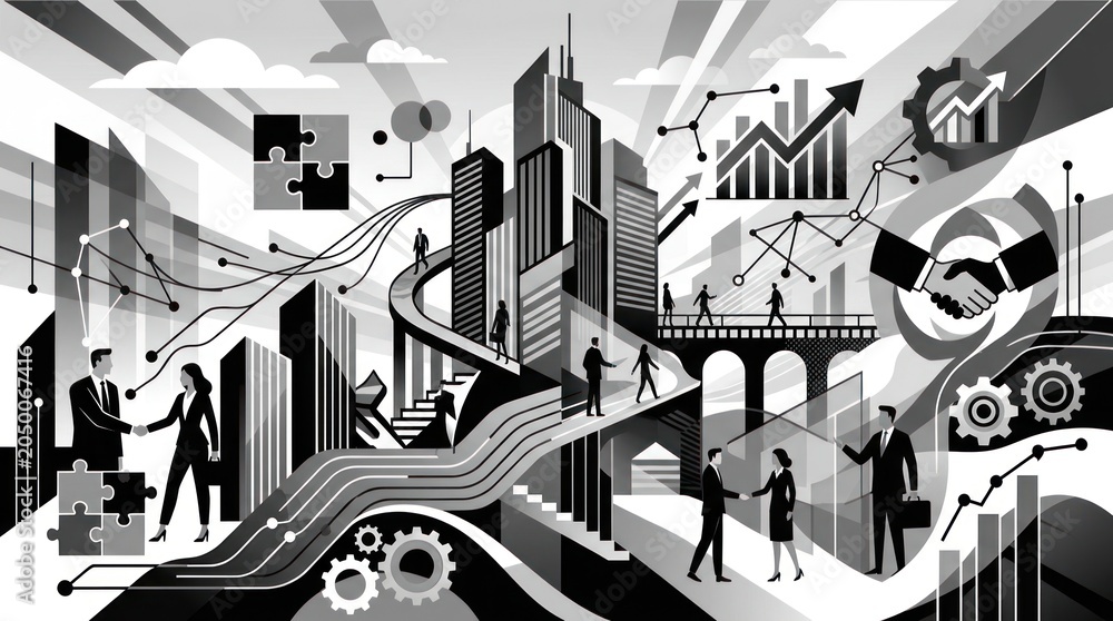 Obraz premium Business people in a cityscape with graphs.