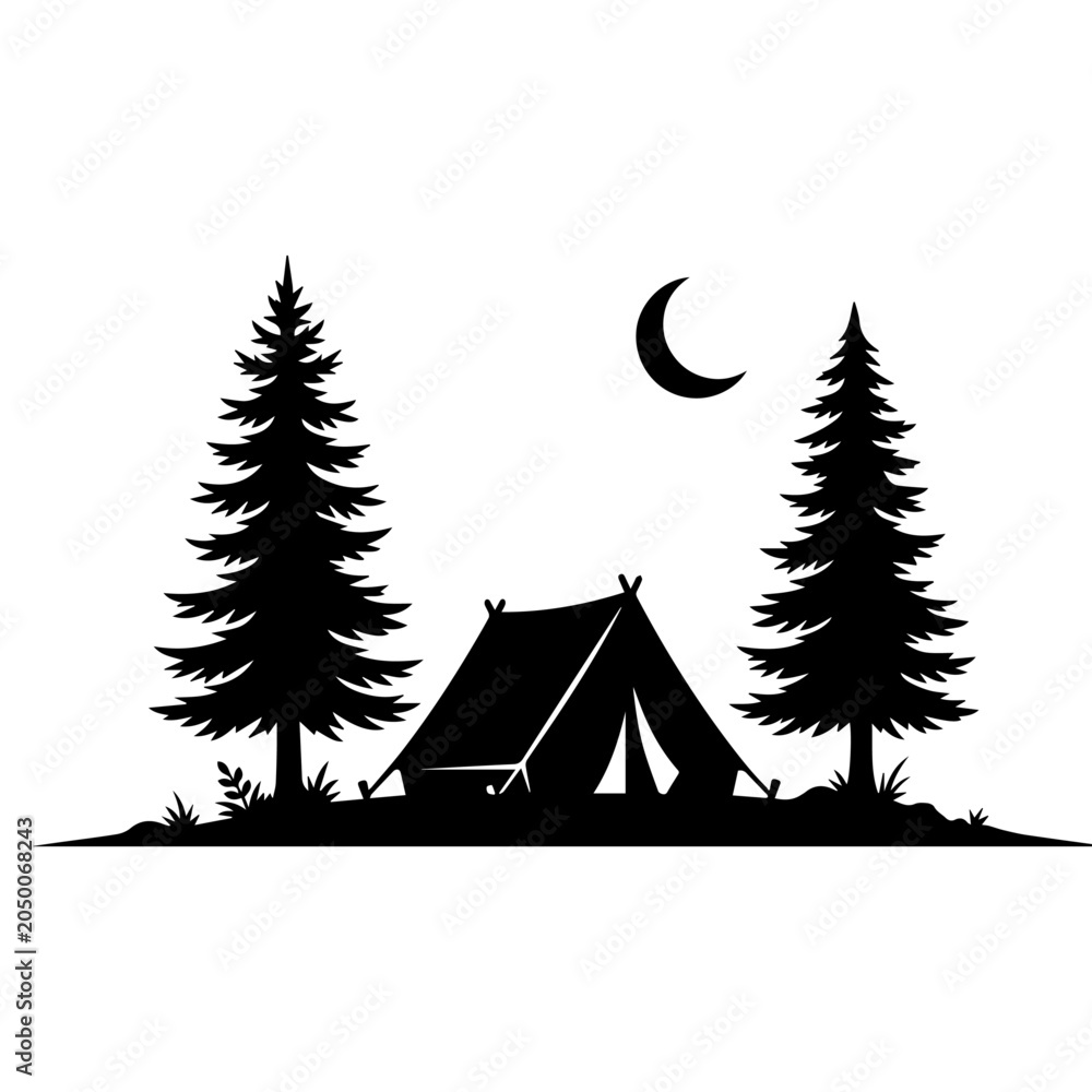 Obraz premium Camping Tent Between Pine Trees and Crescent Moon Night Silhouette Vector Illustration