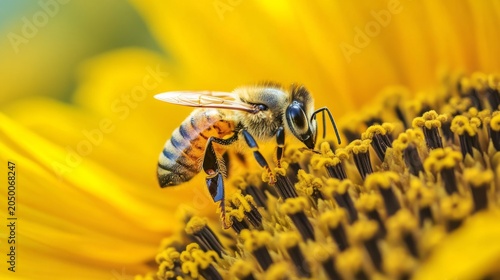 close up of bee collecting nectar from sunflower, generative ai