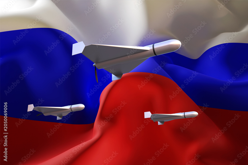 Obraz premium Combat drone with Russia flag. 3d-rendering
