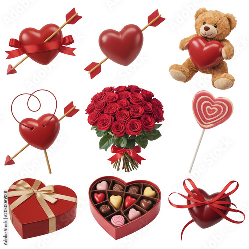 Colorful heart and teddy bear valentine’s day icons isolated on transparent background