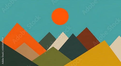 Geometric mountain landscape with orange sun and teal sky