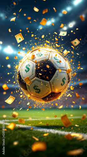  Football and World Cup Concept soccer ball hitting goal net in stadium lights