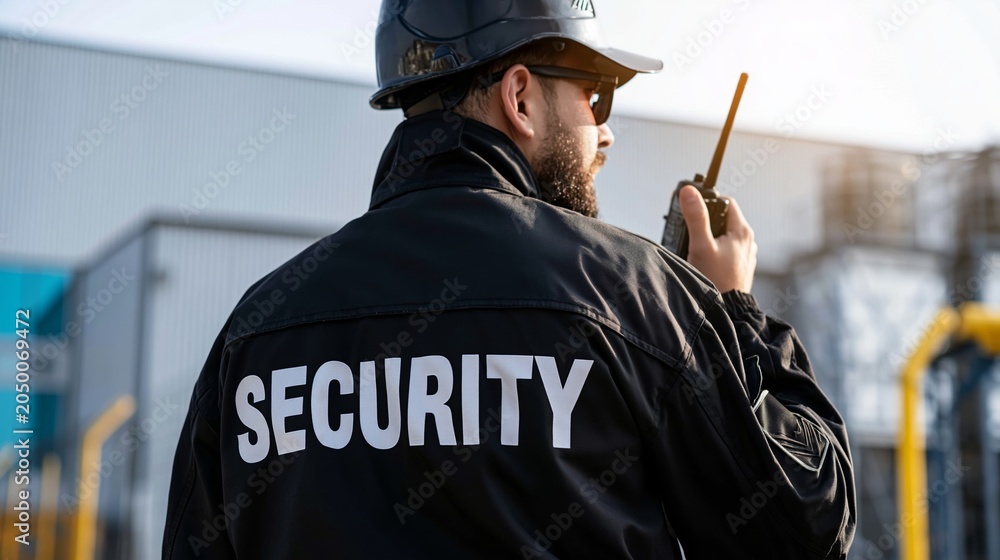 Obraz premium Security guard wearing black uniform communicating using walkie talkie outside industrial facility in daylight
