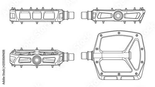 Platform pedals bicycle equipment technical drawing blueprint with front side back and side views CAD line art vector illustration