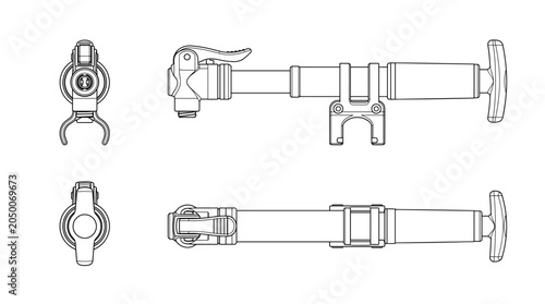 Mini pump bicycle equipment technical drawing blueprint with front side back and side views CAD line art vector illustration