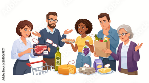 Illustration of a diverse group of people standing around a shopping cart filled with groceries and food items on a white background with a lively and communal mood.