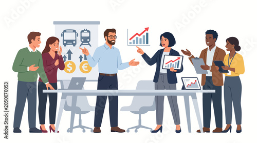 Diverse group of business professionals collaborating around a conference table with laptops and graphs in a modern office setting with a productive mood.