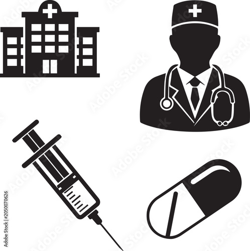Medical Icon Set with Doctor, Hospital Building, Syringe, and Pill Capsule (Black Silhouette Vectors)