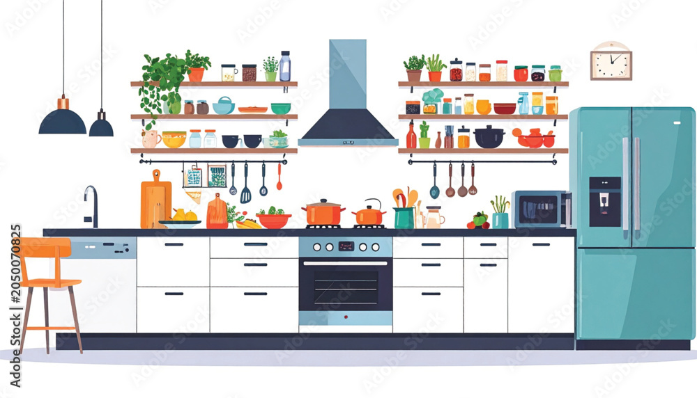 Fototapeta premium Modern Kitchen Refrigerator and Cabinets.
