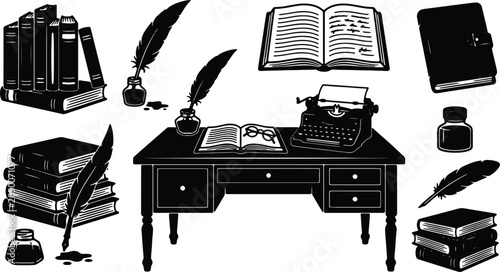 Fotografi Vintage Writing Set, Classic Desk, Inkwells, Typewriter, Stacked Books, Quill Pe