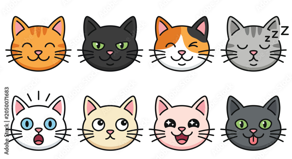 Fototapeta premium Collection Of Eight Cartoon Cat Faces Colorful Vector Illustration