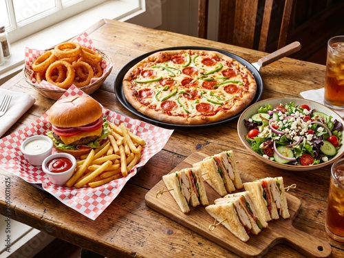 Variety of fast food on wooden table
