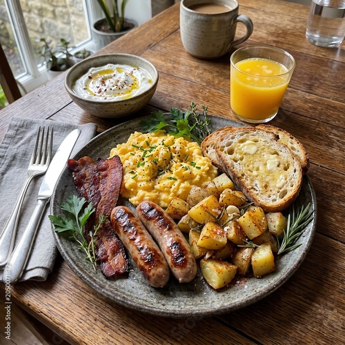 Delicious breakfast plate with scrambled eggs and sausages