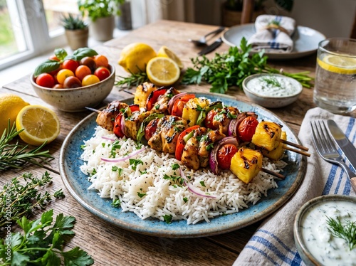 Delicious skewers with rice on a plate