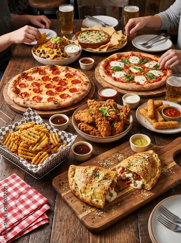 Variety of pizzas and snacks on table