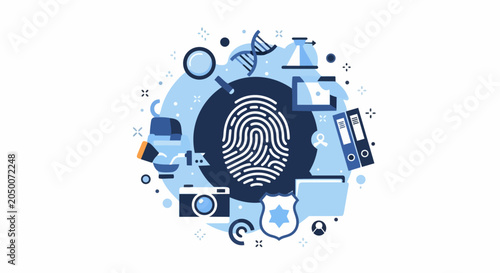 Forensic Science and Biometric Security Concept Illustration Featuring Fingerprint Scan, DNA Helix, Police Badge, and Evidence Collection Icons